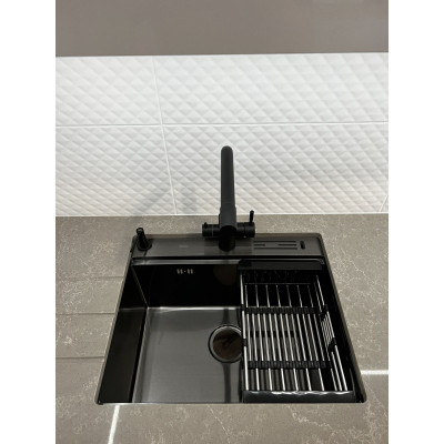 Мийка для кухні чорна з нержавійки з PVD покриттям багатофункціональна Nett NB-5747