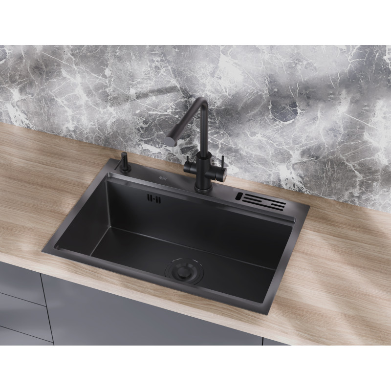 Чорна мийка для кухні з нержавійки з PVD покриттям багатофункціональна Nett NB-7048