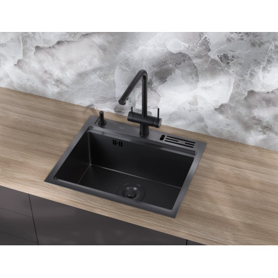 Мийка для кухні чорна з нержавійки з PVD покриттям багатофункціональна Nett NB-5747