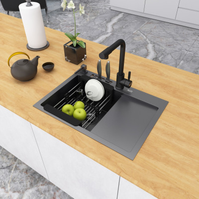 Комплект чорної кухонної мийки та змішувача з нержавіючої сталі NB-6045