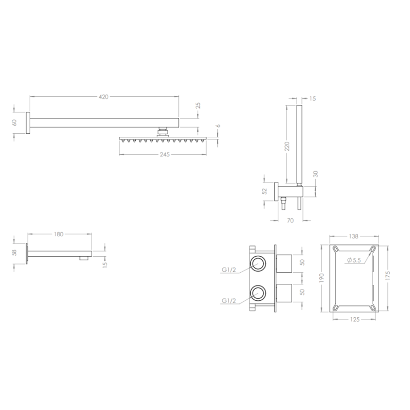 Золота душова система прихованого монтажу з термостатом Nett TSG-473
