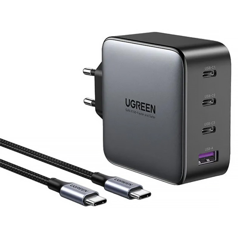 Мережевий зарядний пристрій Ugreen CD226/40747 1xUSB-A 3xUSB-C QC4.0 100W GaN Tech Fast Black