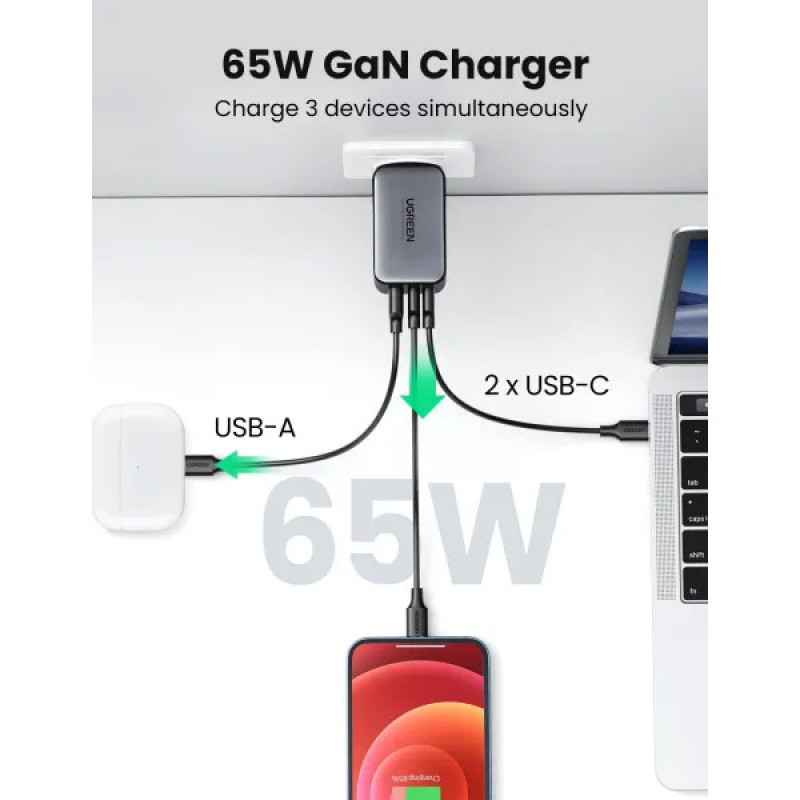 Мережевий зарядний пристрій UGREEN CD244 10335 GaN X 65W QC4.0 PD3.0 Black