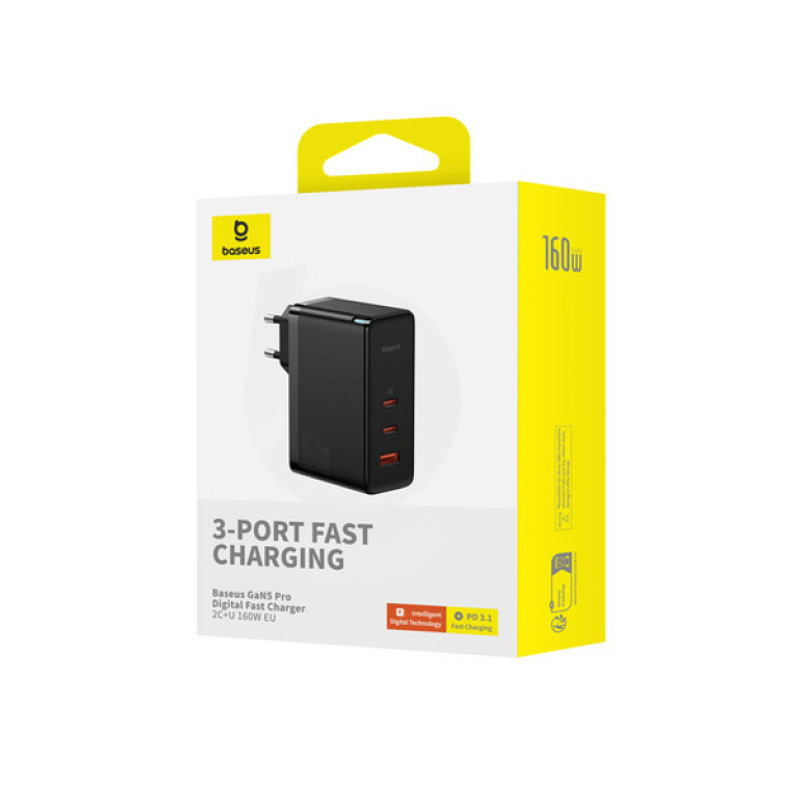 Зарядний пристрій блок та кабель Baseus GaN 5 Pro 160W 1U+2C чорний