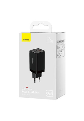 Зарядний пристрій Baseus GaN5 Pro Fast Charger 2C+U 65W Black w/Type-C to Type-C