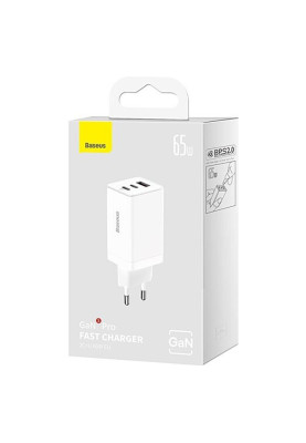 Зарядний пристрій Baseus GaN5 Pro Fast Charger 2C+U 65W White w/Type-C to Type-C