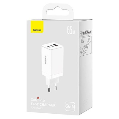 Зарядний пристрій Baseus GaN5 Pro Fast Charger 2C+U 65W White w/Type-C to Type-C