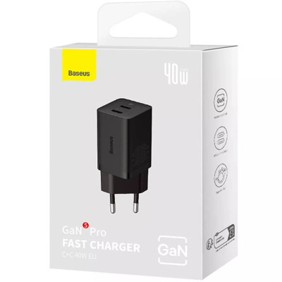 Зарядний пристрій Baseus GaN5 Pro 40W Type-C + Type-C Black