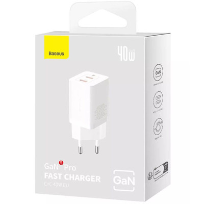 Зарядний пристрій Baseus GaN5 Pro 40W Type-C + Type-C White