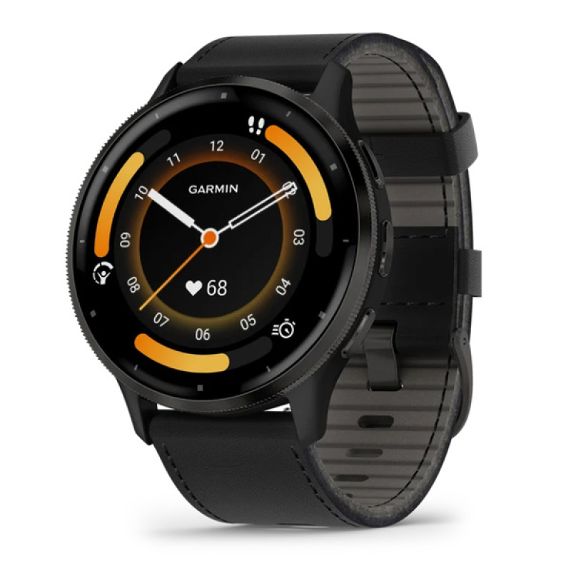 Смарт-годинник Garmin Venu 3 з сланцевим сталевим безелем та чорним шкіряним ремінцем