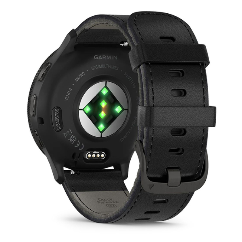 Смарт-годинник Garmin Venu 3 з сланцевим сталевим безелем та чорним шкіряним ремінцем