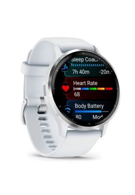 Смарт-годинник Garmin Venu 3 з сріблястим сталевим безелем та силіконовим ремінцем білого кольору