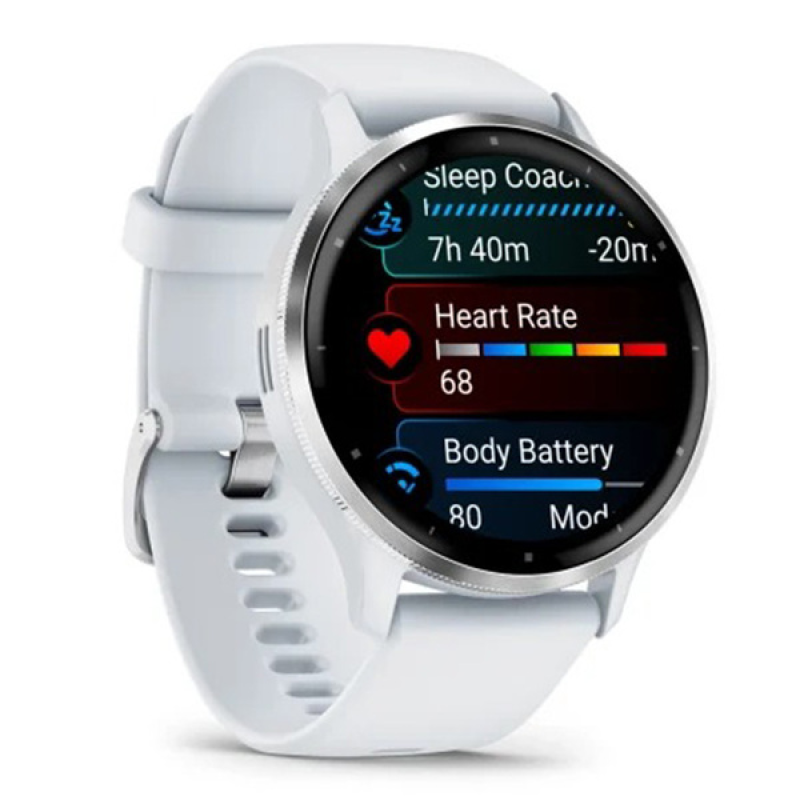 Смарт-годинник Garmin Venu 3 з сріблястим сталевим безелем та силіконовим ремінцем білого кольору