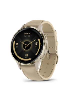 Смарт-годинник Garmin Venu 3S корпус кольору французький сірий зі золотистим сталевим безелем та сірим шкіряним ремінцем