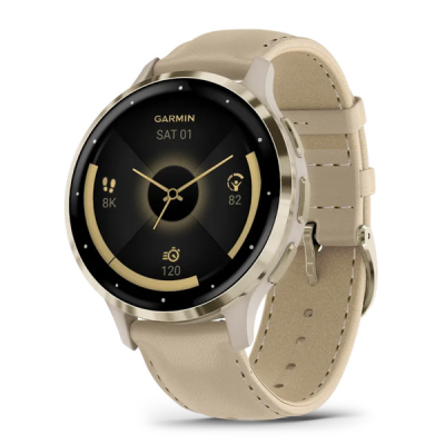 Смарт-годинник Garmin Venu 3S корпус кольору французький сірий зі золотистим сталевим безелем та сірим шкіряним ремінцем