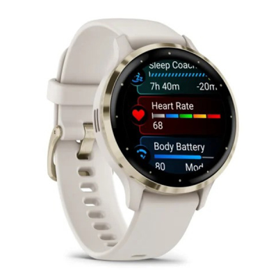 Смарт-годинник Garmin Venu 3S корпус кольору слонова кістка зі золотистим сталевим безелем та білим силіконовим ремінцем