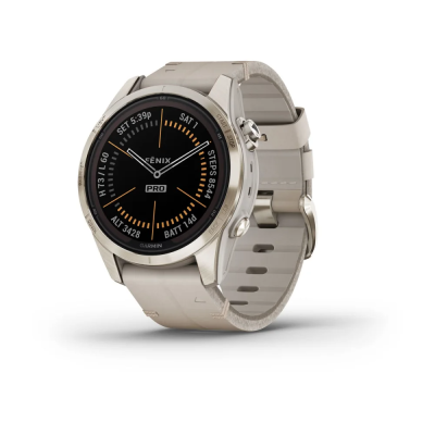 Смарт-годинник Garmin Fenix 7S Pro Sapphire Solar Edition корпус титановий золотавий з сірим шкіряним ремінцем