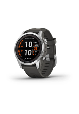 Смарт-годинник Garmin Fenix 7S Pro Solar Edition з сріблястим корпусом та силіконовим ремінцем кольору сірий графіт