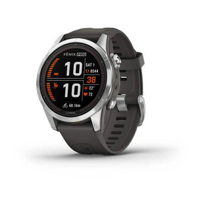 Смарт-годинник Garmin Fenix 7S Pro Solar Edition з сріблястим корпусом та силіконовим ремінцем кольору сірий графіт