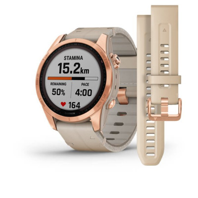 Garmin Fenix 7S Sapphire Solar Rose Gold Titanium with Limestone Leather Band (includes limestone silicone band)