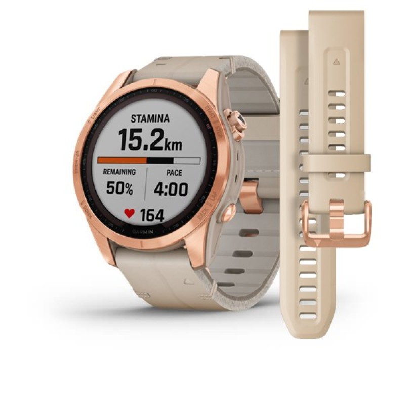 Garmin Fenix 7S Sapphire Solar Rose Gold Titanium with Limestone Leather Band (includes limestone silicone band)