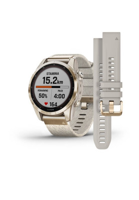 Garmin Fenix 7S,Sapphire Solar Cream Gold Titanium w/Cream Tethered Nylon (includes light sand silicone band)