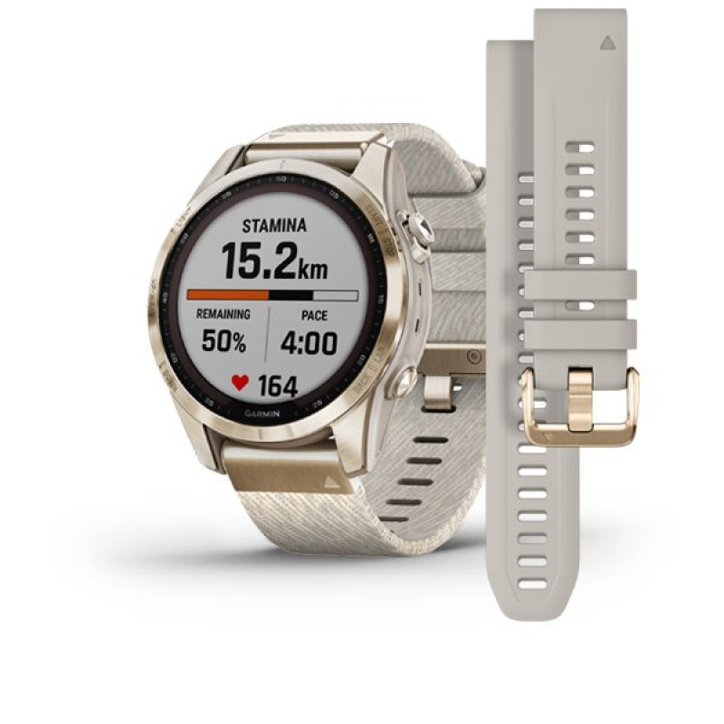 Garmin Fenix 7S,Sapphire Solar Cream Gold Titanium w/Cream Tethered Nylon (includes light sand silicone band)