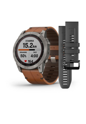 Garmin Fenix 7X,Sapphire Solar Titanium with Chestnut Leather Band (includes graphite silicone band)