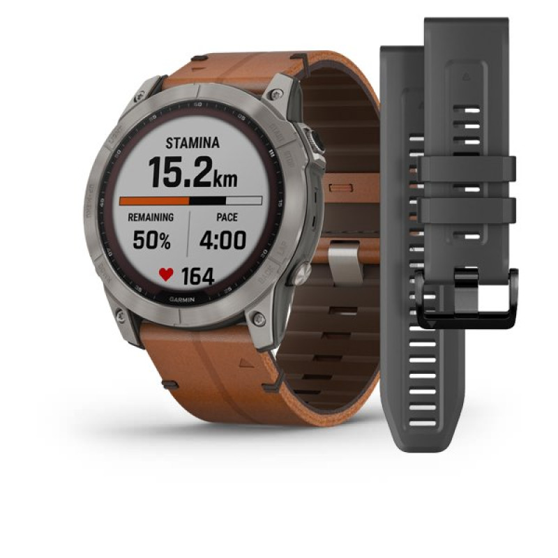 Garmin Fenix 7X,Sapphire Solar Titanium with Chestnut Leather Band (includes graphite silicone band)