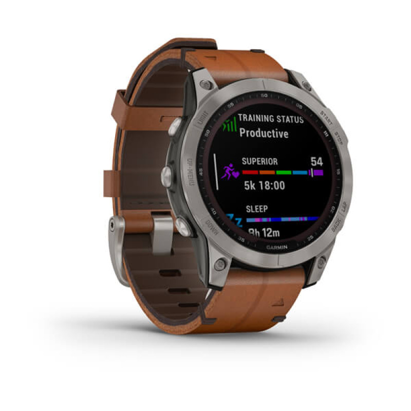 Garmin Fenix 7 Sapphire Solar Titanium with Chestnut Leather Band (includes graphite silicone band)