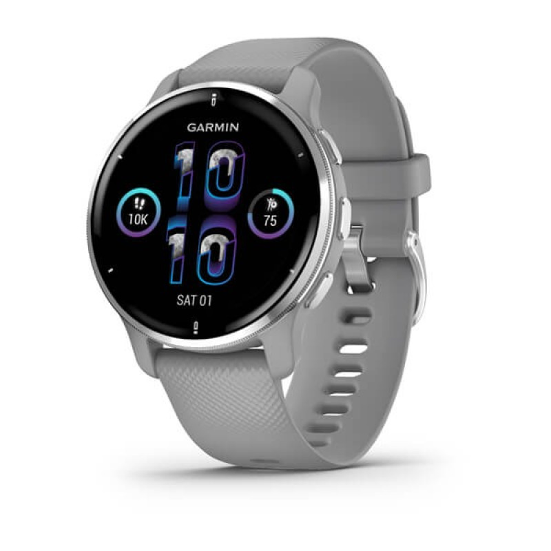 Garmin Venu 2 Plus Silver Stainless Steel Bezel with Powder Gray Case and Silicone Band