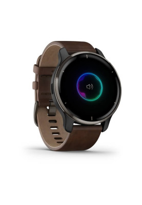 Garmin Venu 2 Plus Blue-Gray stainless Steel Bezel with Blue-Gray and Brown Leather Band