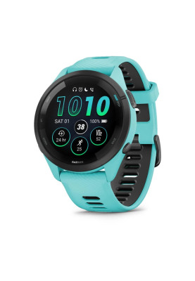 Смарт-годинник Garmin Forerunner 265 корпусом кольору аква з чорним безелем та чорний силіконовим ремінцем