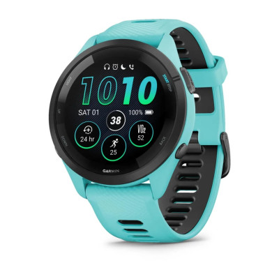 Смарт-годинник Garmin Forerunner 265 корпусом кольору аква з чорним безелем та чорний силіконовим ремінцем
