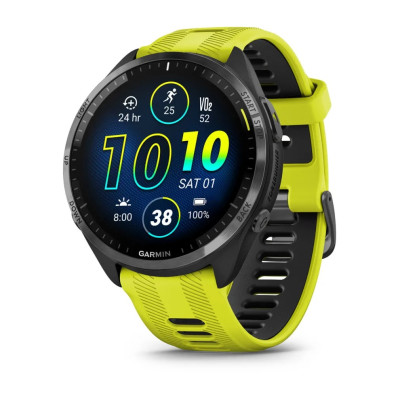 Смарт-годинник Garmin Forerunner 965 чорний корпус з сірим титановим безелем з жовтим силіконовим ремінцем