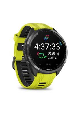Смарт-годинник Garmin Forerunner 965 чорний корпус з сірим титановим безелем з жовтим силіконовим ремінцем