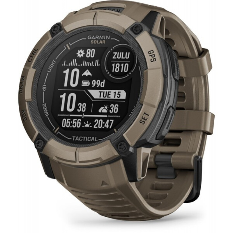 Тактичний годинник Garmin Instinct 2X Solar Tactical Edition – Coyote Tan з коричневим силіконовим ремінцем