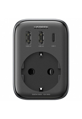 Мережевий зарядний пристрій з розеткою Ugreen CD314 GaN 30W 2USB-A+1USB-C+1AC Gray