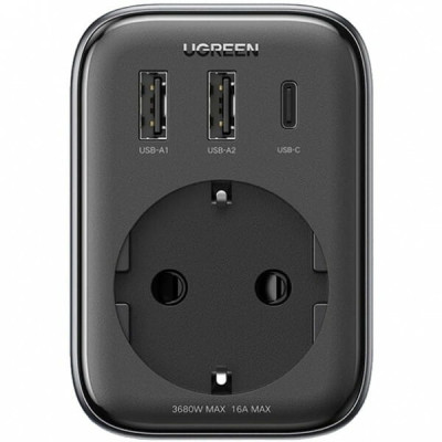 Мережевий зарядний пристрій з розеткою Ugreen CD314 GaN 30W 2USB-A+1USB-C+1AC Gray