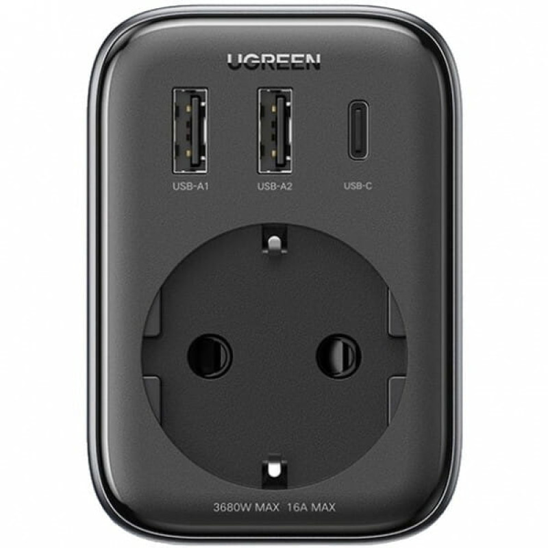 Мережевий зарядний пристрій з розеткою Ugreen CD314 GaN 30W 2USB-A+1USB-C+1AC Gray