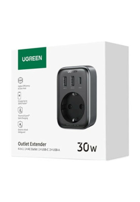 Мережевий зарядний пристрій з розеткою Ugreen CD314 GaN 30W 2USB-A+1USB-C+1AC Gray