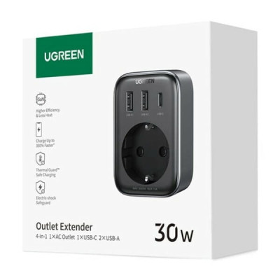 Мережевий зарядний пристрій з розеткою Ugreen CD314 GaN 30W 2USB-A+1USB-C+1AC Gray
