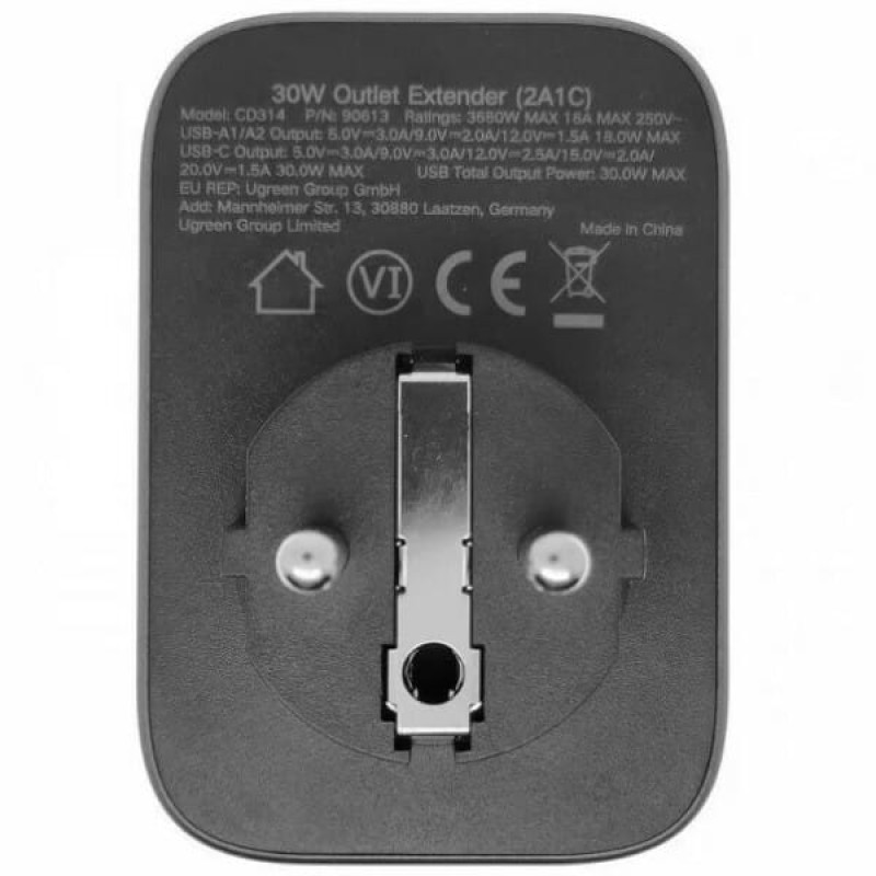 Мережевий зарядний пристрій з розеткою Ugreen CD314 GaN 30W 2USB-A+1USB-C+1AC Gray