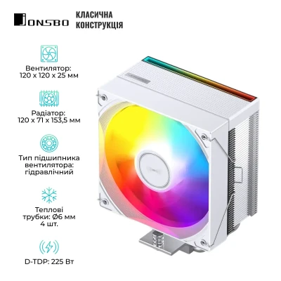 Процесорний кулер JONSBO CB40 White (120mm/4pin/1800RPM/35.4Dba/4 тепл. трубки)