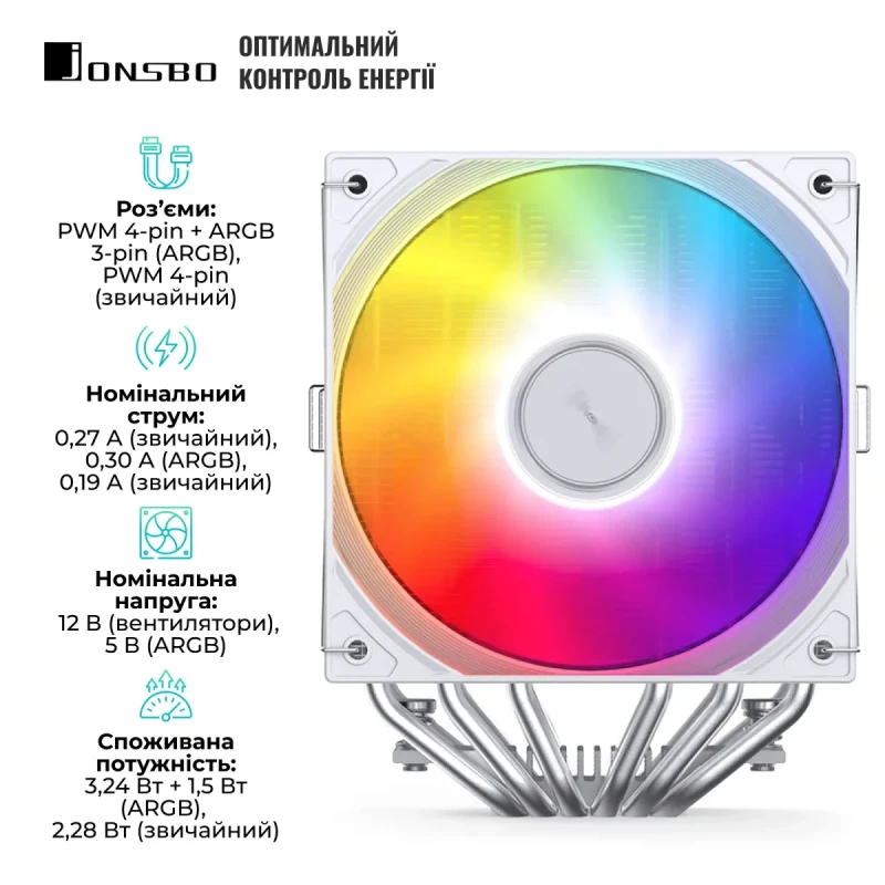 Процесорний кулер JONSBO CB80 White (120mm/4pin/1800RPM/36Dba/6 тепл. трубки)