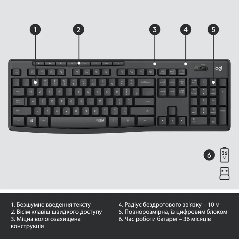Комплект клавіатура та мишка Logitech MK295 Silent UA Graphite (920-009800)