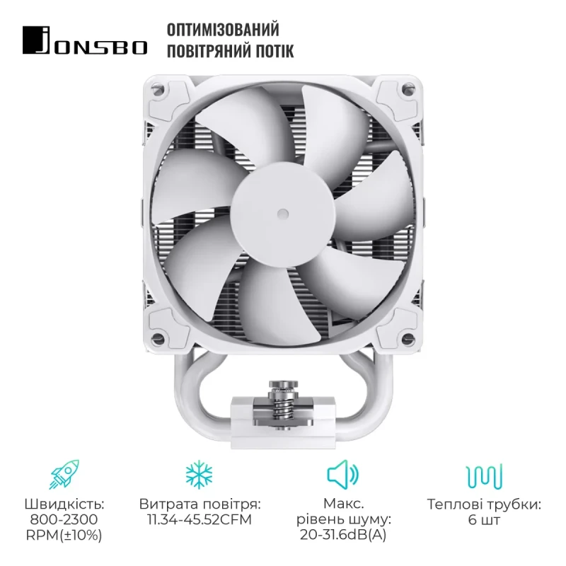 Процесорний кулер JONSBO HX6210 White (92mm/4pin/800-2300RPM/31.6Dba/6 тепл. трубки/4PIN PWM)