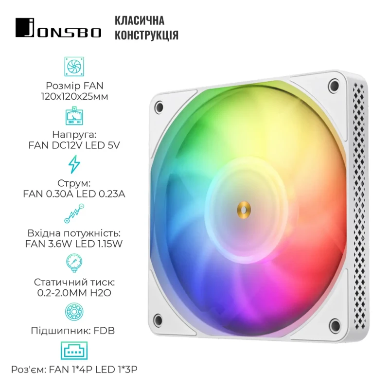 Кулер JONSBO HF1215 White ARGB (120mm, 700-1800RPM, 29.7dB, 4pin+LED 3pin)