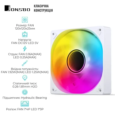 Кулер JONSBO SL-120WR White RGB (120mm, 600-1500RPM, 32dB, 4pin+LED 3pin) Кулер JONSBO SL-120WR White RGB (120mm, 600-1500RPM, 32dB, 4pin+LED 3pin)
