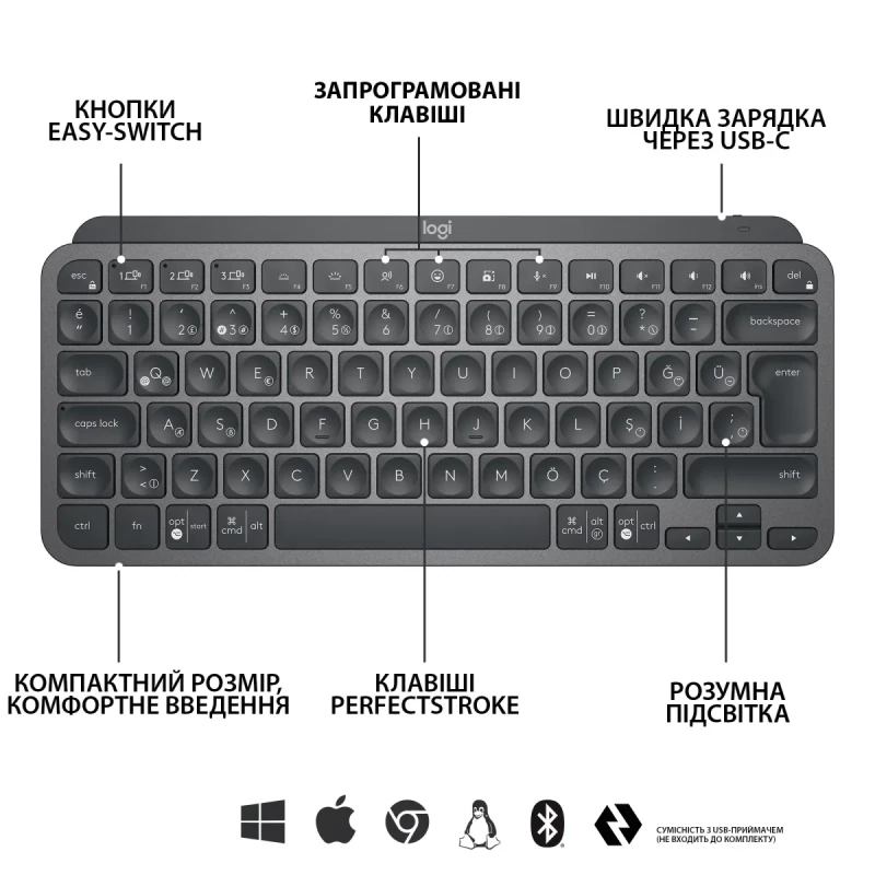 Клавіатура Logitech MX Keys Mini Wireless Illuminated UA Graphite (920-010498)